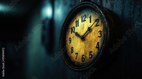 Old vintage clock displaying time in dimly lit room with rustic walls and atmospheric background photo