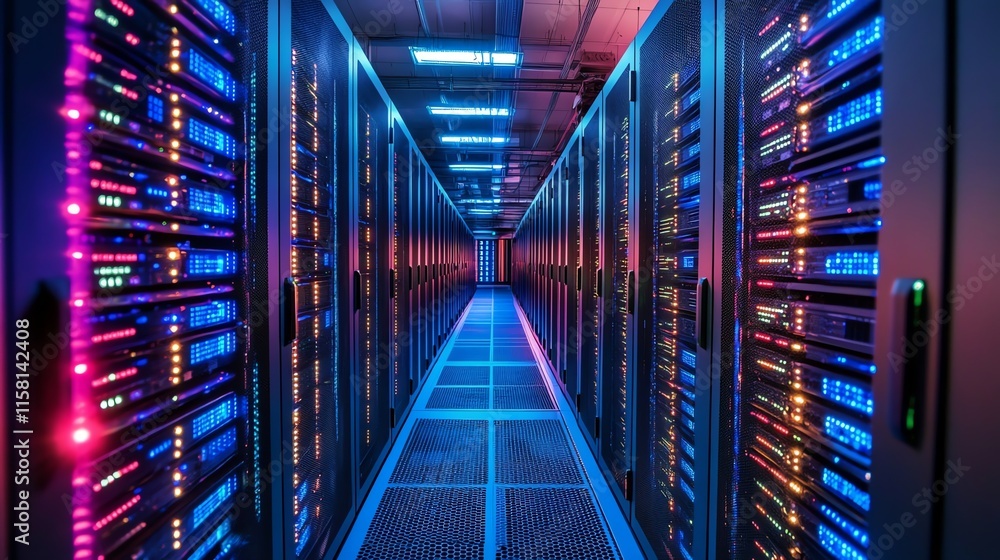 Obraz premium A corridor of servers illuminated by colorful lights in a data center.
