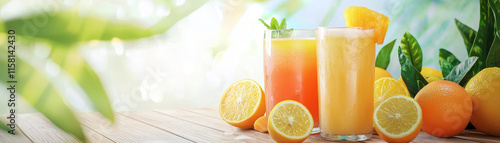 Fresh fruit drinks and juices summer concept. Refreshing tropical fruit juices on wooden deck with citrus fruits