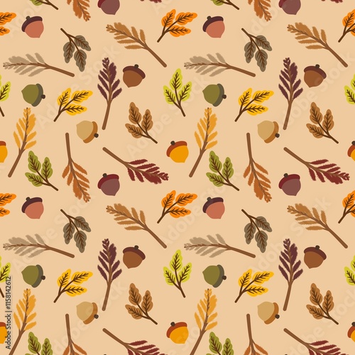 autumn-themed seamless pattern featuring scattered acorns and stylized leaves in various shades of brown, yellow, and green against a warm, sandy background. The design evokes a sense of warmth