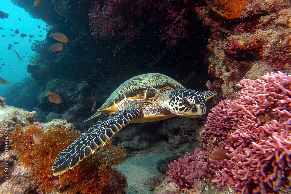 Fototapeta premium Hawksbill Sea Turtle Swimming Through Coral Reef
