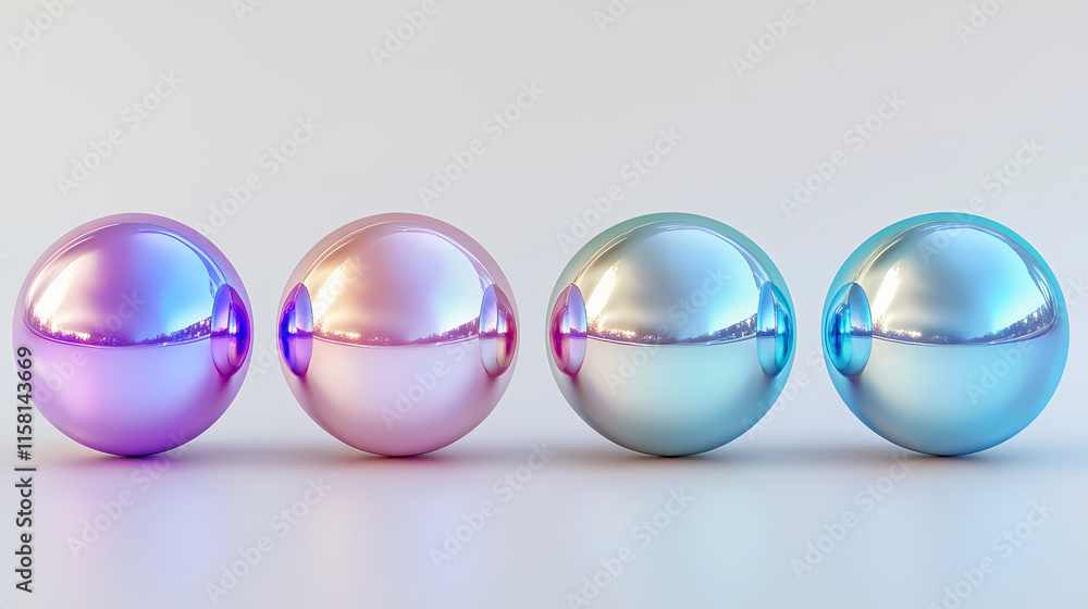 Five iridescent spheres in a row, close-up, abstract, smooth, colorful, shiny, reflection. Glimmer. Illustration
