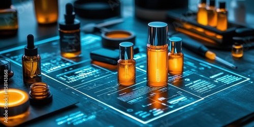 A collection of skincare products with glowing amber containers, arranged on a sleek surface featuring digital graphics and technical details. photo