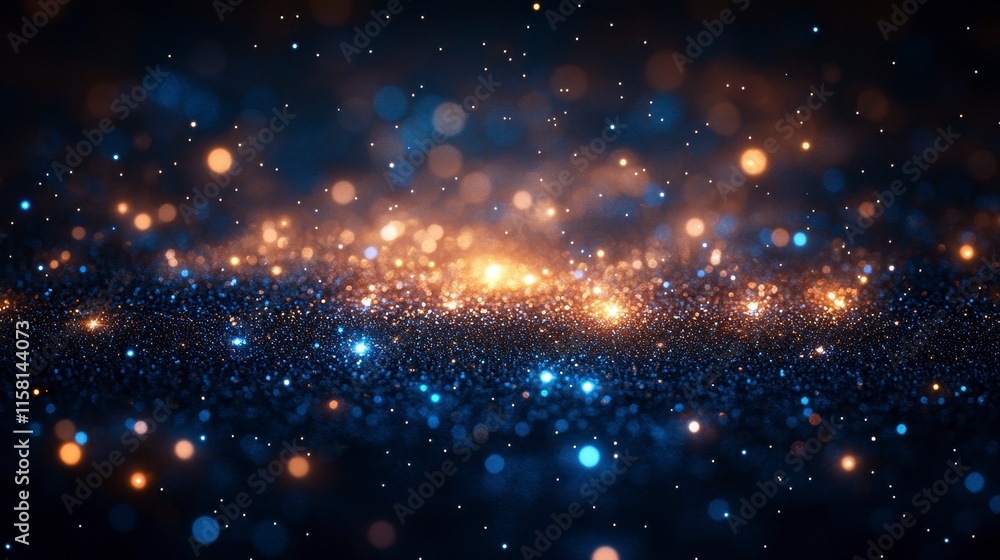 Abstract background with blue and gold glitter bokeh lights.