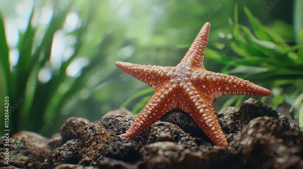A vibrant orange starfish rests on rocky terrain, surrounded by lush green aquatic plants, creating a serene underwater scene. A vibrant orange starfish rests on rocky terrain, surrounded by lush green aquatic plants, creating a serene underwater scene.