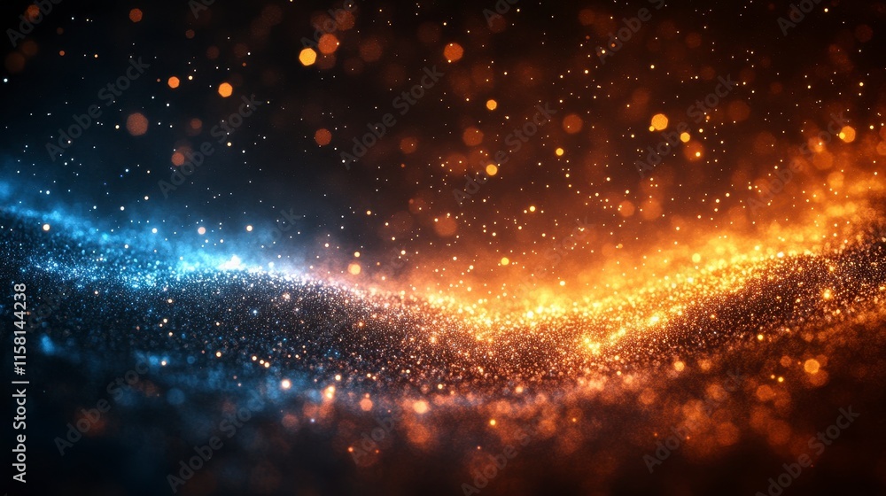 Abstract background with blue and orange glowing particles.