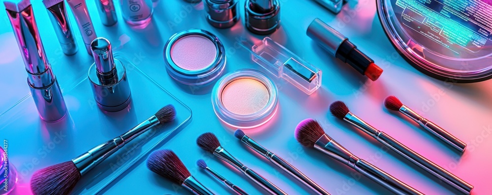 A vibrant arrangement of makeup products and brushes displayed in neon lighting, showcasing a variety of cosmetics. A vibrant arrangement of makeup products and brushes displayed in neon lighting, showcasing a variety of cosmetics.