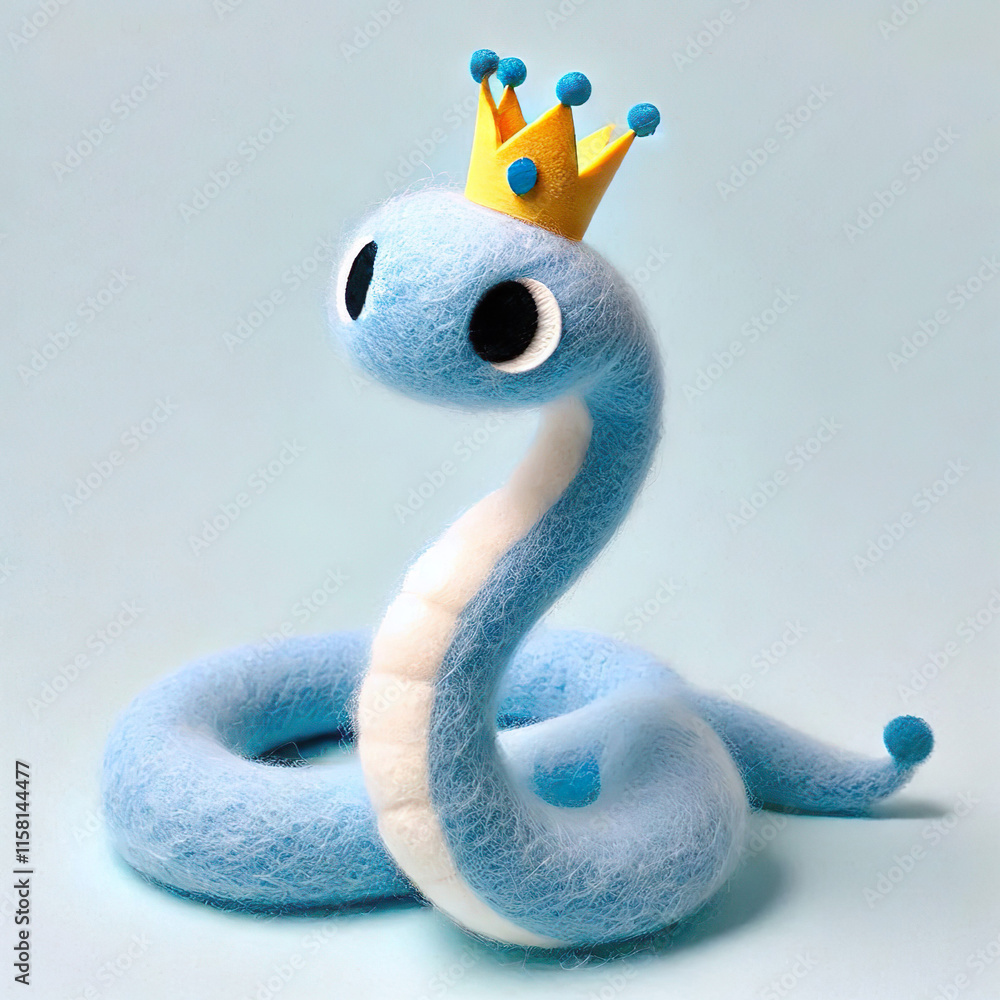Fototapeta premium Blue snake character with cute crown made of warm fabric