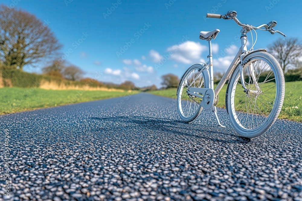 White Bicycle on a Paved Road Under Blue Sky White Bicycle on a Paved Road Under Blue Sky