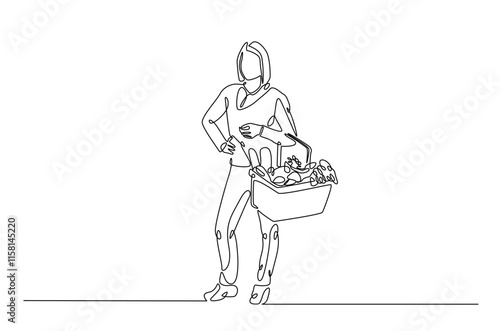 Woman carrying shopping basket continuous one line drawing. Woman holding basket with fresh organic vegetables in single line art illustration. Editable vector.