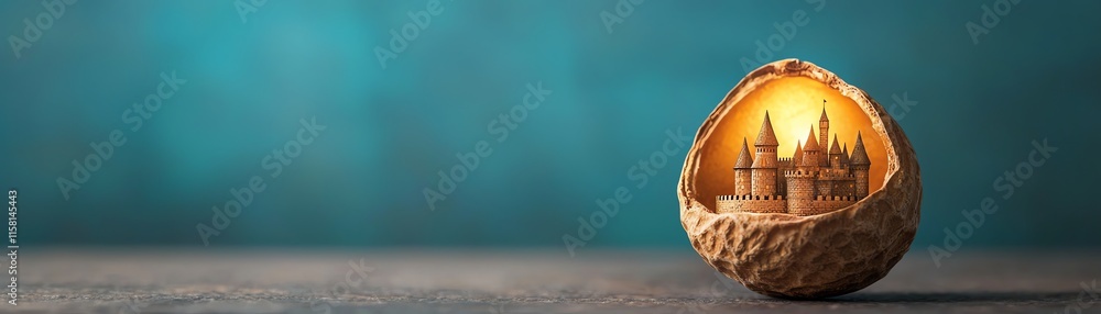 Obraz premium A whimsical miniature castle nestled inside a cracked shell, set against a soft blue background, evoking a sense of fantasy and creativity.