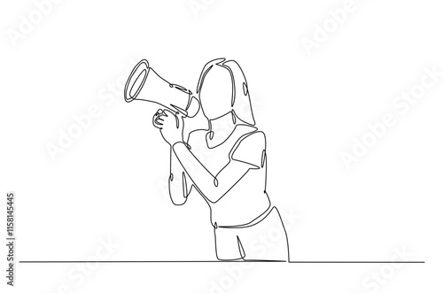 Woman holding megaphone to speak up continuous one line drawing. Person holds megaphone speaker in single line art illustration. Editable vector.