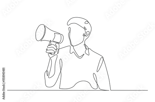 Man holding megaphone to speak up continuous one line drawing. Person holds megaphone speaker in single line art illustration. Editable vector.