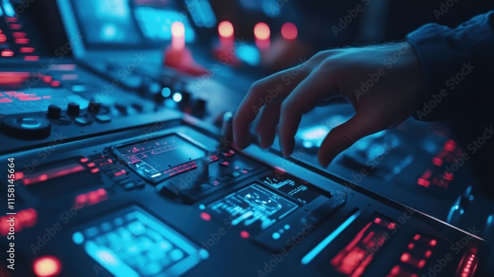 Close-up of engineers fitting advanced control panels in a ship's bridge, modern technology everywhere Close-up of engineers fitting advanced control panels in a ship's bridge, modern technology everywhere