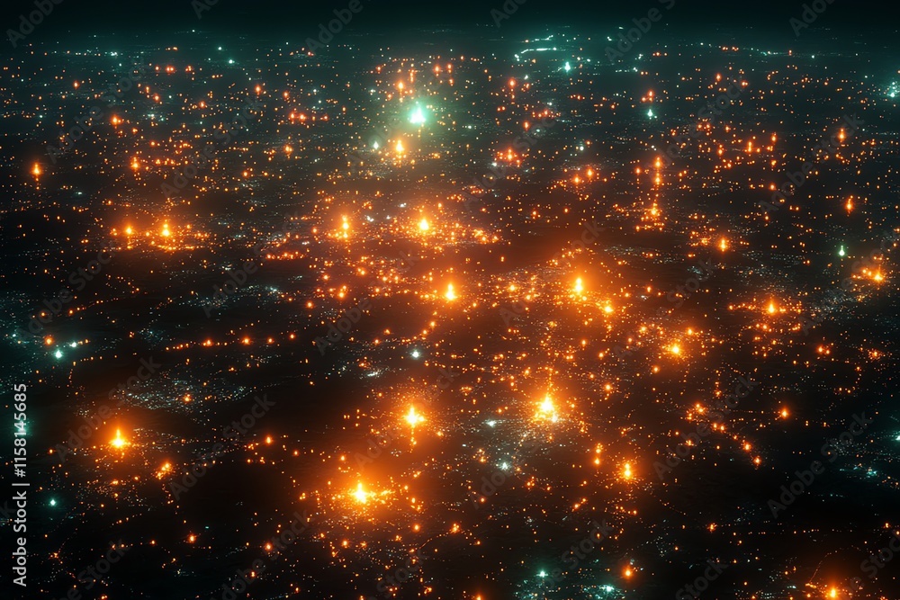 Fototapeta premium A digital representation of a starry landscape with glowing orbs and light effects.