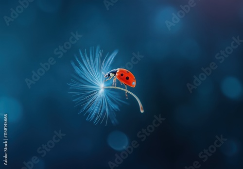 Ladybug on Dandelion Seed on Blue Background photo