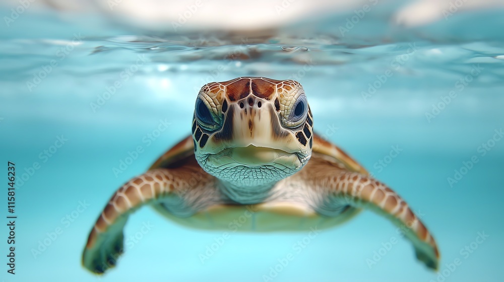 Obraz premium A close-up of a sea turtle swimming underwater, showcasing its distinctive features and vibrant colors against a clear blue background.
