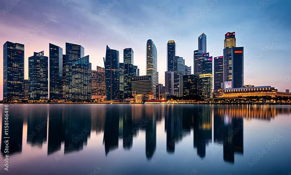 Illuminated Singapore Skyline Reflecting on Calm Waters at Dusk Illuminated Singapore Skyline Reflecting on Calm Waters at Dusk