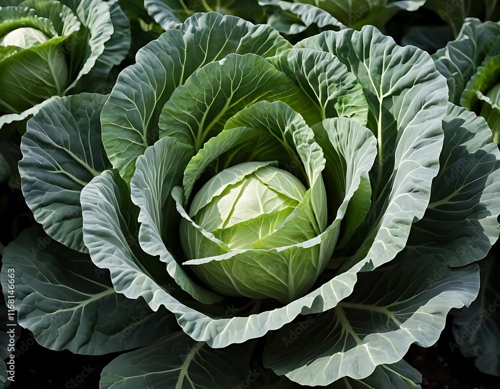 Obraz premium Green Cabbage Head Growing In A Garden Field
