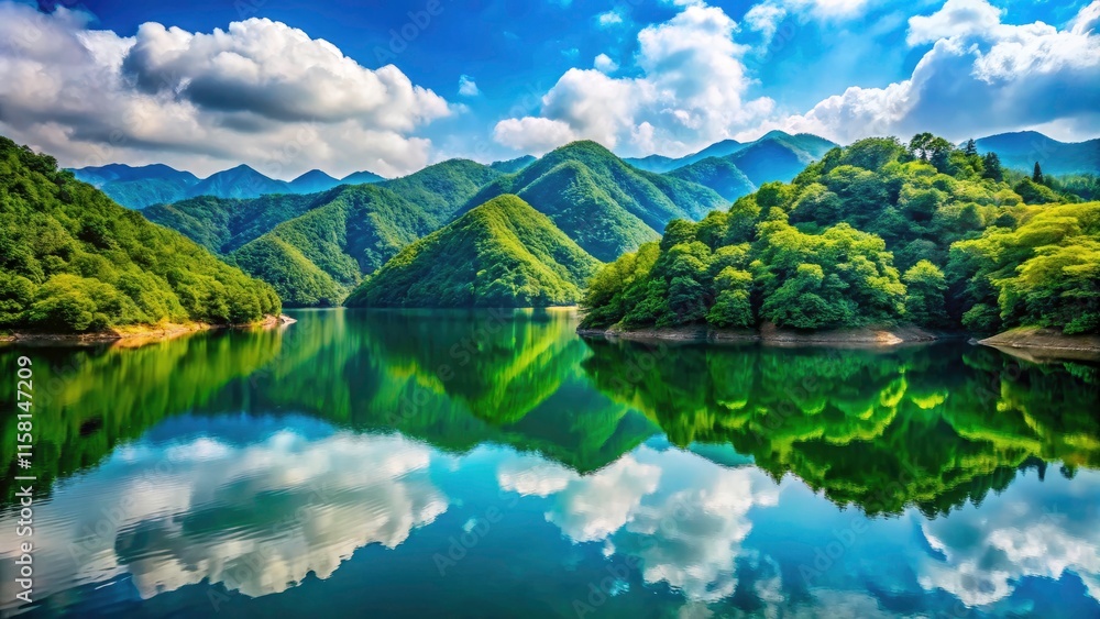 Fototapeta premium Hangzhou Xin'anjiang Reservoir Summer Landscape: Stunning Clear Lake, Lush Green Forest, Majestic Mountain Views - China Travel Photography