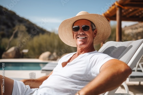 Portrait of happy senior man in sunglasses and straw hat sittingchair near swimming pool photo