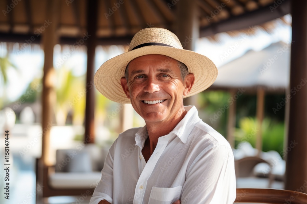 Portrait of happy senior man in straw hat smiling at camera while standing in restaurant Portrait of happy senior man in straw hat smiling at camera while standing in restaurant