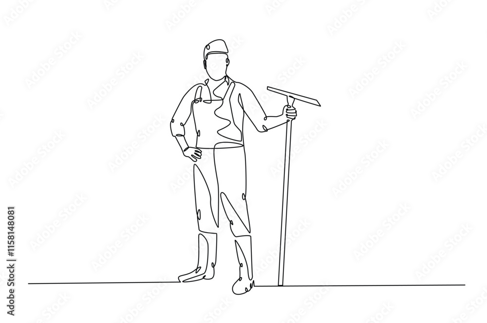 Fototapeta premium Farmer holding shovel continuous one line drawing. Farmer and farm equipment in single line art illustration. Editable vector.