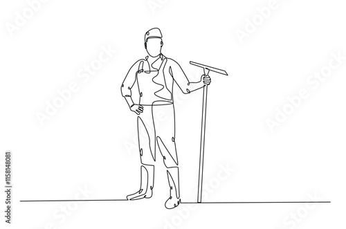 Farmer holding shovel continuous one line drawing. Farmer and farm equipment in single line art illustration. Editable vector.