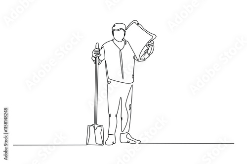 Farmer holding shovel continuous one line drawing. Farmer and farm equipment in single line art illustration. Editable vector.