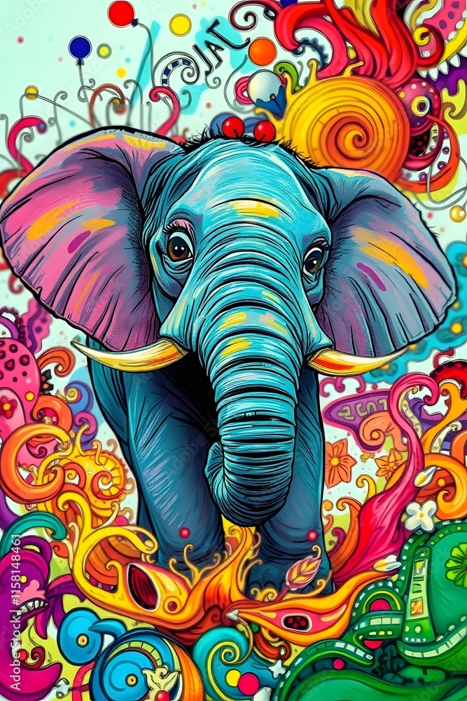 Obraz premium Playful elephant design set in a kaleidoscope of vibrant abstract patterns. 