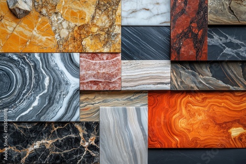 Collection of various marble slabs, showcasing unique patterns and colors. Ideal for design projects, architecture, and interior decor showcasing natural stone textures. photo