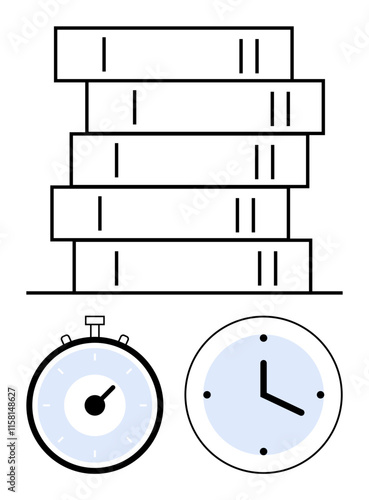 Stack of books a stopwatch and a clock. Ideal for educational themes, time management, productivity, learning, deadlines, organization, and study habits. Line metaphor