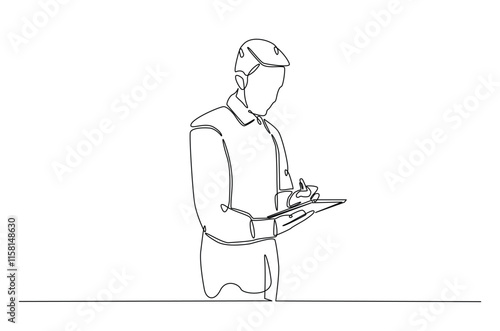 Businessman writing notes continuous one line drawing. Businessman making notes in single line art illustration. Editable vector.