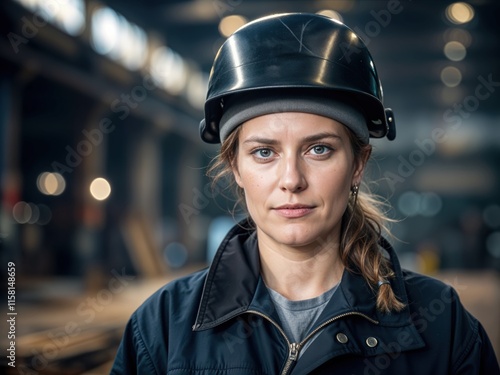 A determined female worker stands amid a lively factory, equipped with a hard hat and a focused expression. She embodies strength and dedication in her role, surrounded by the hum of machinery. photo