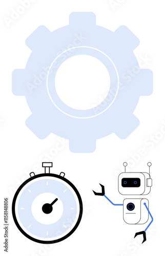 Robot holding a blue gear, symbolizing mechanical progress a stopwatch signifies time management. Ideal for themes automation, technology, robotics, time efficiency, innovation, engineering