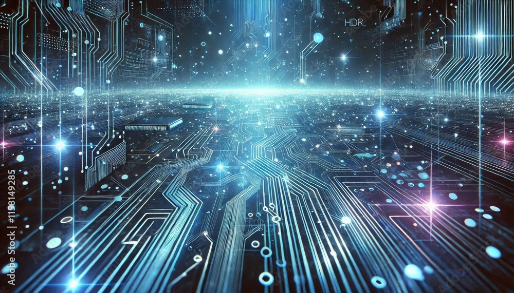 Vibrant futuristic blue circuit board background with glowing lines and dots creating an immersive high-tech digital environment Vibrant futuristic blue circuit board background with glowing lines and dots creating an immersive high-tech digital environment