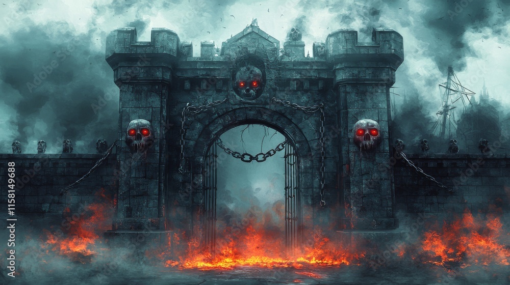 Fototapeta premium Infernal Gate: A fiery, ominous entrance to a dark castle, skulls adorn the gate, creating a terrifying atmosphere.