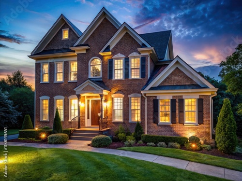 Maryland Suburban Home Night Photography: Brick Single Family House Front View