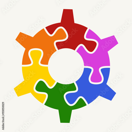 Six pieces colorful gear puzzle. Vector isolated on white background.