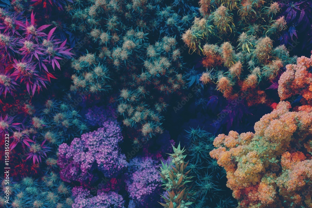 Naklejka premium Vibrant Neon Cannabis and Hydrangea Garden