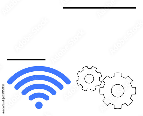 Blue wireless signal icon with two black gears and horizontal black lines. Ideal for connectivity, technology concepts, network setup, internet services, technical support, digital communications