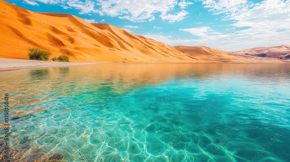 Fototapeta premium A serene landscape featuring turquoise water against golden sand dunes under a bright sky.