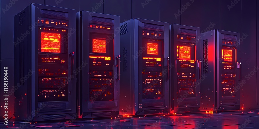 A row of illuminated server racks in a dark, futuristic environment. A row of illuminated server racks in a dark, futuristic environment.