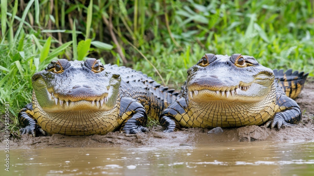Fototapeta premium Crocodiles Resting by the Riverbank in Soft Light