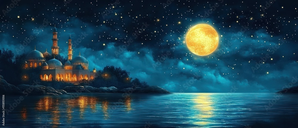 Naklejka premium Ramadan Kareem and Eid Mubarak Islamic Decoration with 3D Style Elements