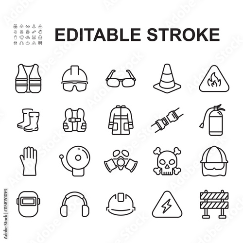 Collection of icons related to work safety. Contains icons such as helmet, glasses, shoes and more. Thin line vector.