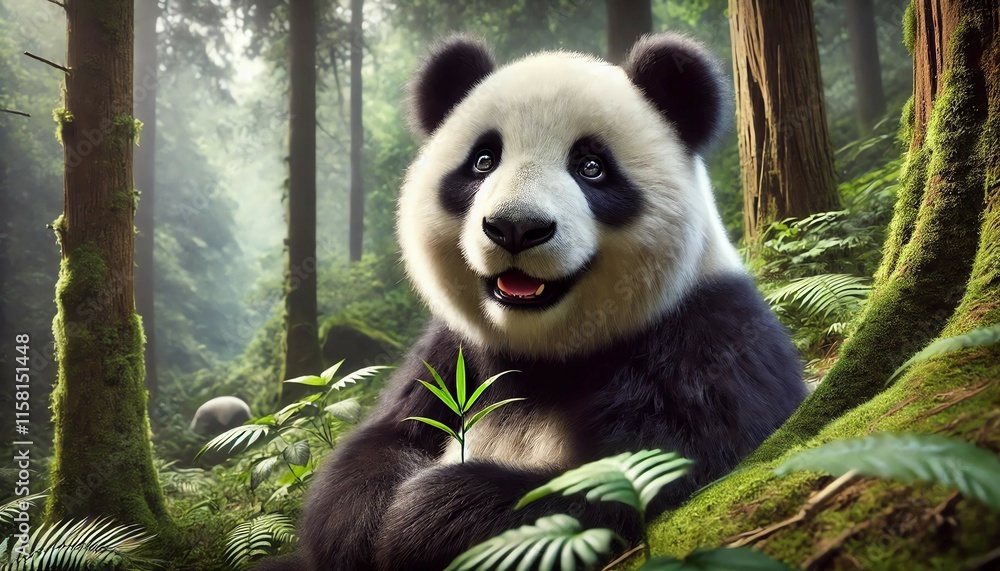 Fototapeta premium Panda's Journey: Exploring the Forest and Lake