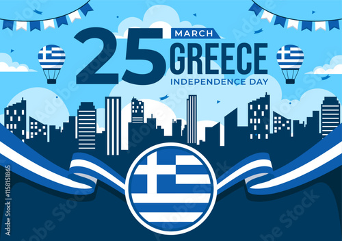Happy Greece Independence Day Vector Illustration on March 25th, featuring the Greek Flag and Ribbon in a National Holiday Flat Style Background