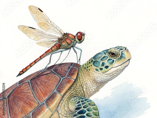 Dragonfly on turtle's back. Illustration on white background. photo