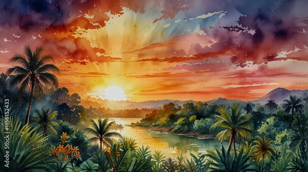 Naklejka premium Tropical River Sunset Vivid Watercolor Landscape